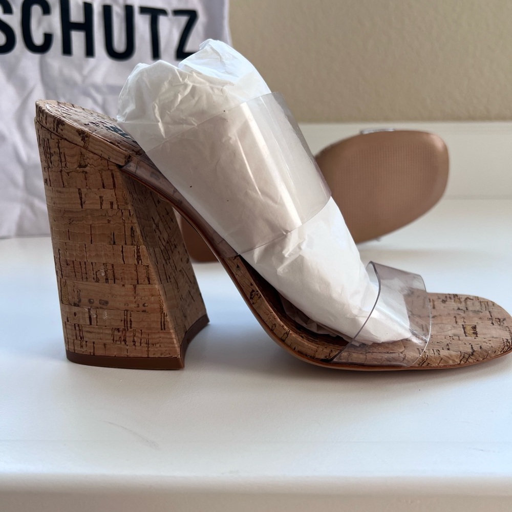 NWB Schutz Victorie Clear Vinyl Block Sandals! Gorgeous Cork Heels! Size 8.5